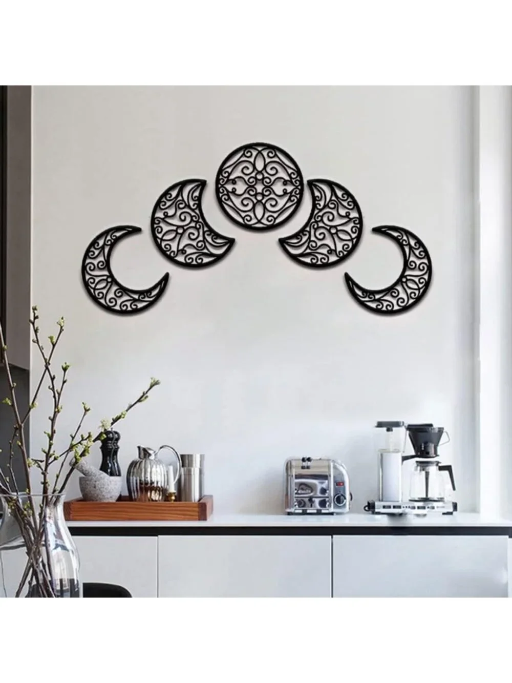 Boho Moon Phase Wall Art Set - 5 Piece Natural Wood Hanging Decor for Bedroom